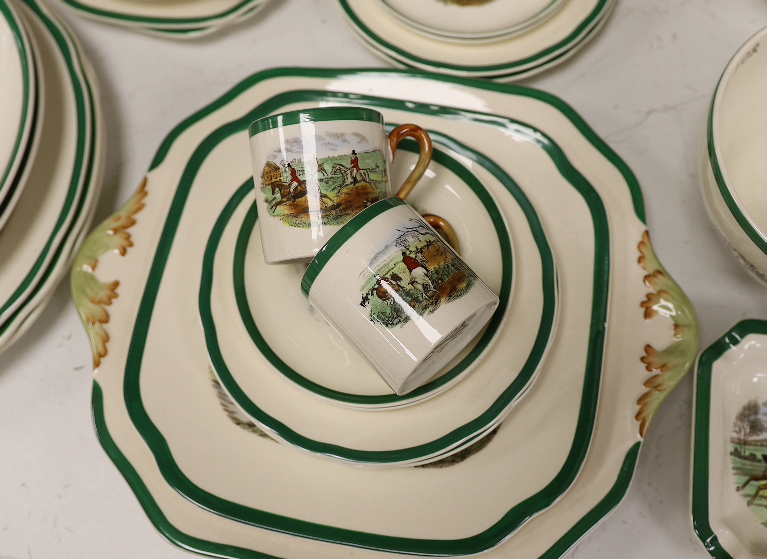 A Copeland Spode hunting pattern tea / coffee set including coffee pot, tea pot and trios, together with a Bavarian floral porcelain coffee pot, largest 22cm high